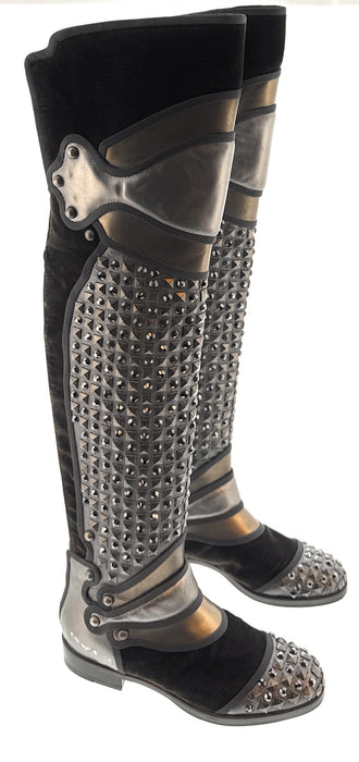 Dolce & Gabbana Studded Armored Velvet & Leather Knee-High Boots
-EU35