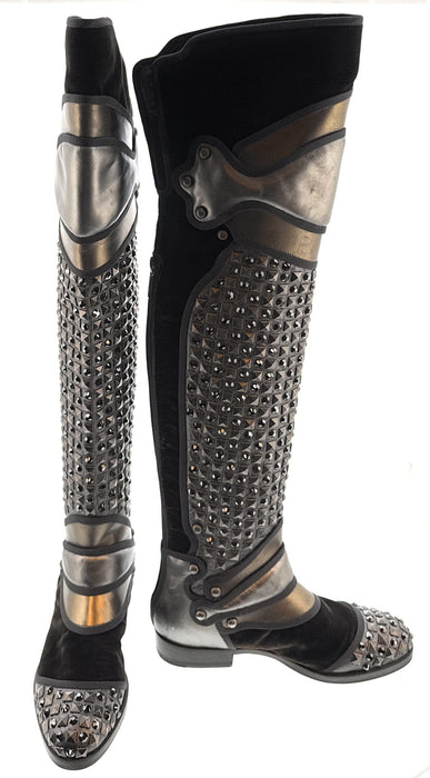Dolce & Gabbana Studded Armored Velvet & Leather Knee-High Boots
-EU35