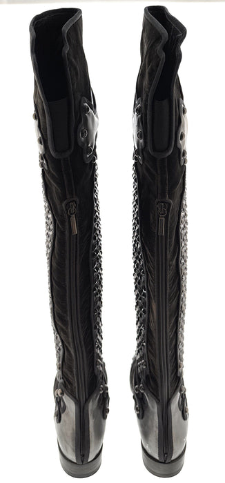 Dolce & Gabbana Studded Armored Velvet & Leather Knee-High Boots
-EU35
