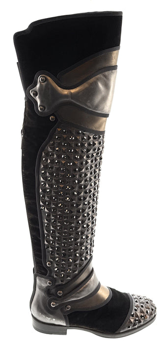 Dolce & Gabbana Studded Armored Velvet & Leather Knee-High Boots
-EU35