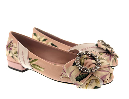 Dolce & Gabbana Pink Floral Satin Crystal Embellished Ballet Flats-EU35