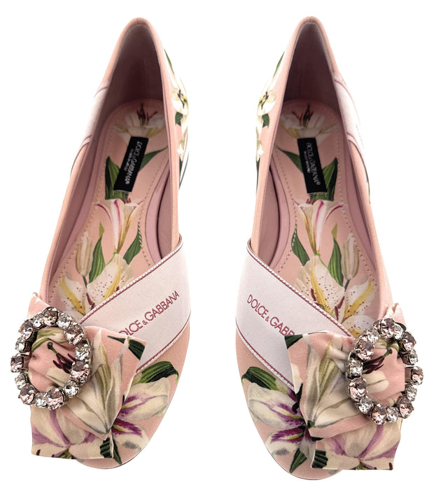 Dolce & Gabbana Pink Floral Satin Crystal Embellished Ballet Flats-EU35