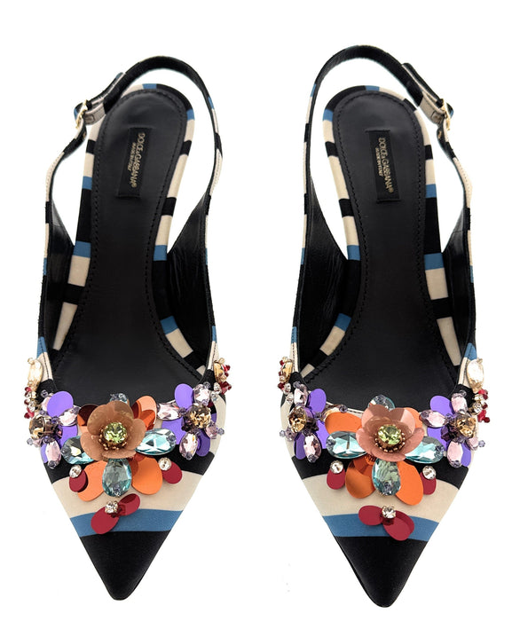 Dolce & Gabbana Striped Slingback Heels with Crystal Floral Embellishment
-EU41