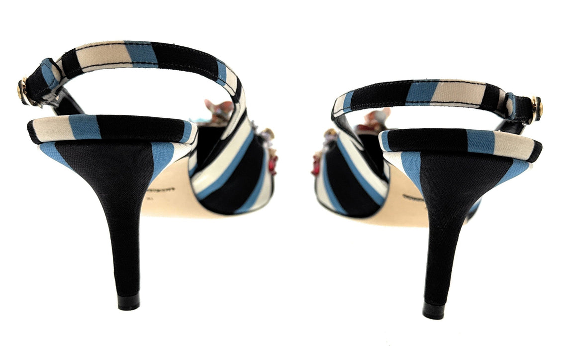 Dolce & Gabbana Striped Slingback Heels with Crystal Floral Embellishment
-EU41