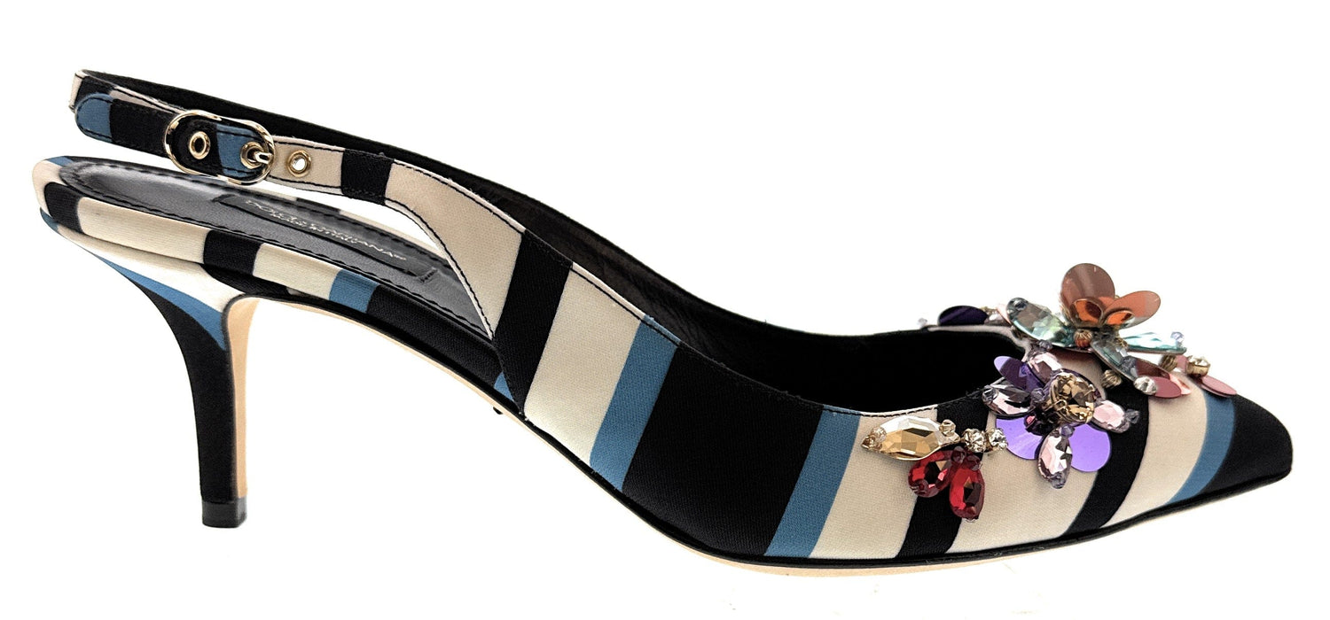 Dolce & Gabbana Striped Slingback Heels with Crystal Floral Embellishment
-EU41
