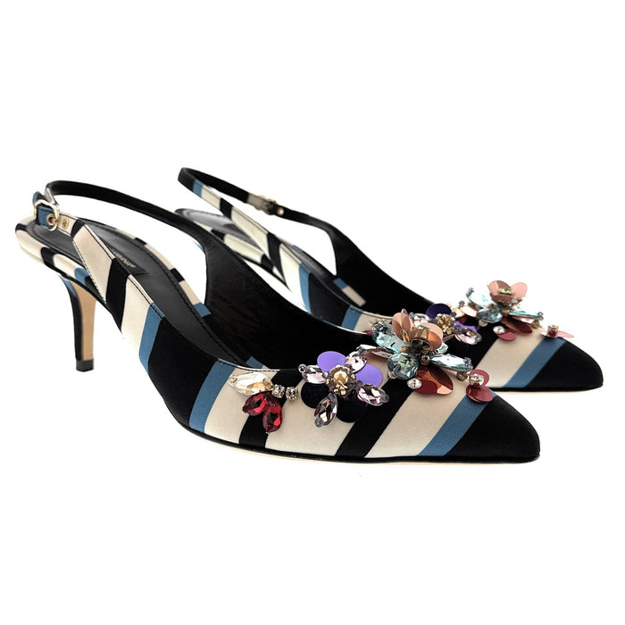 Dolce & Gabbana Striped Slingback Heels with Crystal Floral Embellishment
-EU41