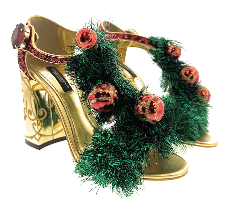 Dolce & Gabbana Red Merry Christmas Block Heel Glitter Heels-36.5