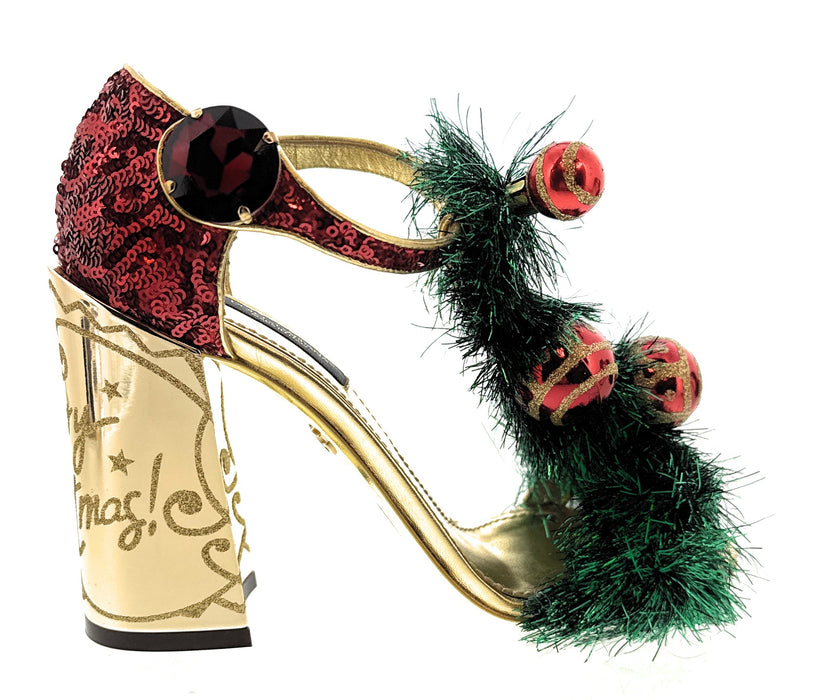 Dolce & Gabbana Red Merry Christmas Block Heel Glitter Heels-36.5