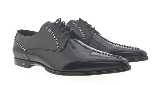 Dolce & Gabbana Men's Black Studded Patent Leather Lace-Up Oxford Shoes-EU44