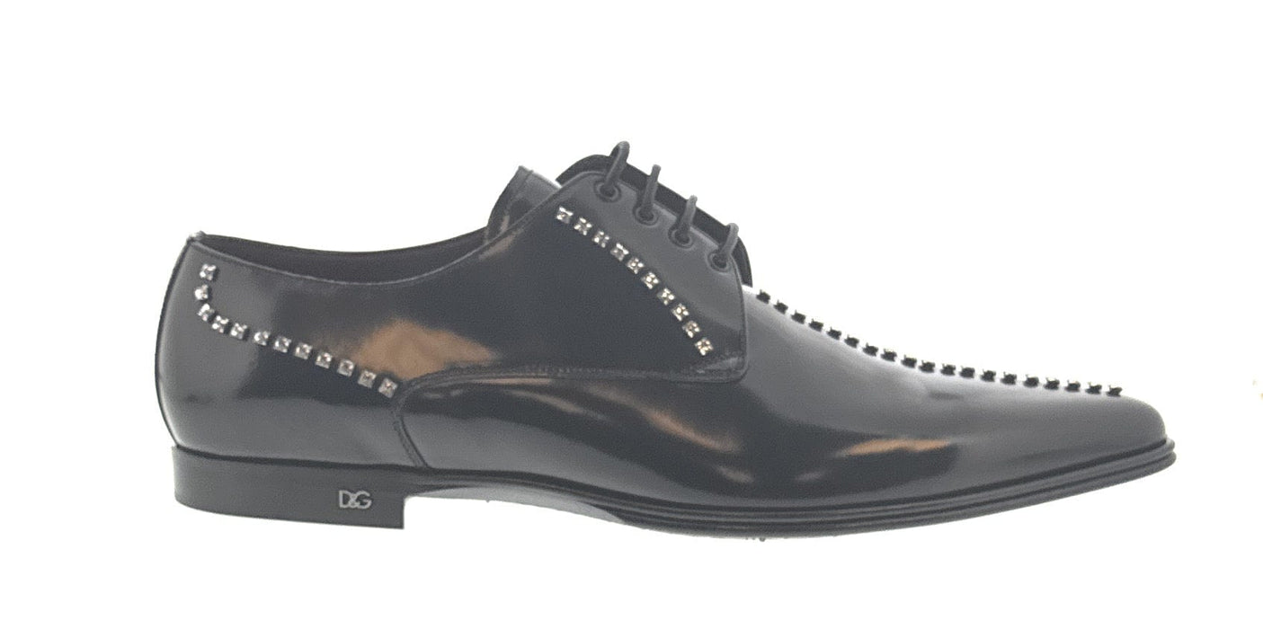 Dolce & Gabbana Men's Black Studded Patent Leather Lace-Up Oxford Shoes-EU44