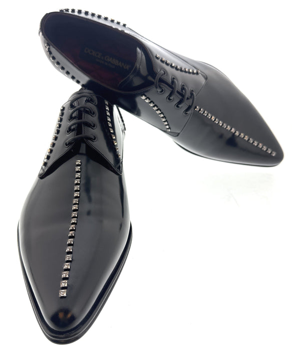 Dolce & Gabbana Men's Black Studded Patent Leather Lace-Up Oxford Shoes-EU42.5