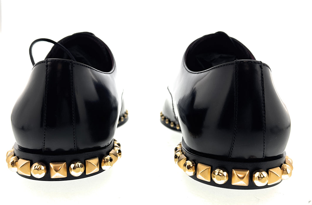 Dolce & Gabbana Men's Black Studded Heel Leather Lace-Up Oxford Shoes-EU43