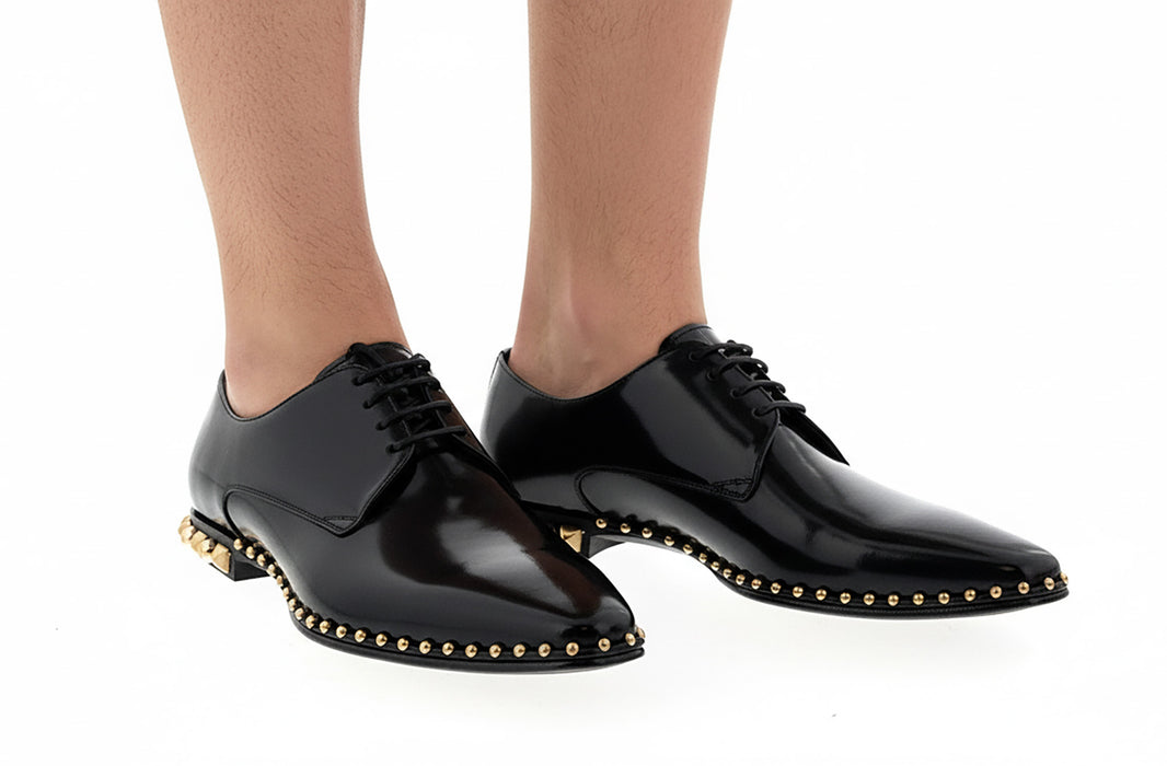 Dolce & Gabbana Men's Black Studded Heel Leather Lace-Up Oxford Shoes-EU43