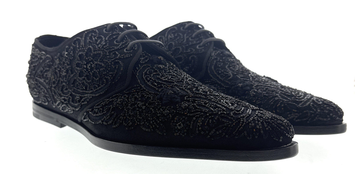 Dolce & Gabbana Men's Black Beaded Velvet Lace-Up Formal Shoes-EU39