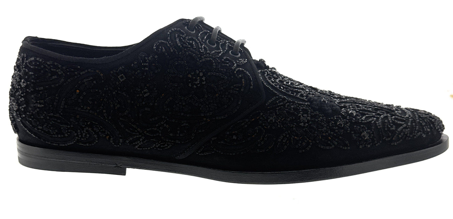 Dolce & Gabbana Men's Black Beaded Velvet Lace-Up Formal Shoes-EU40