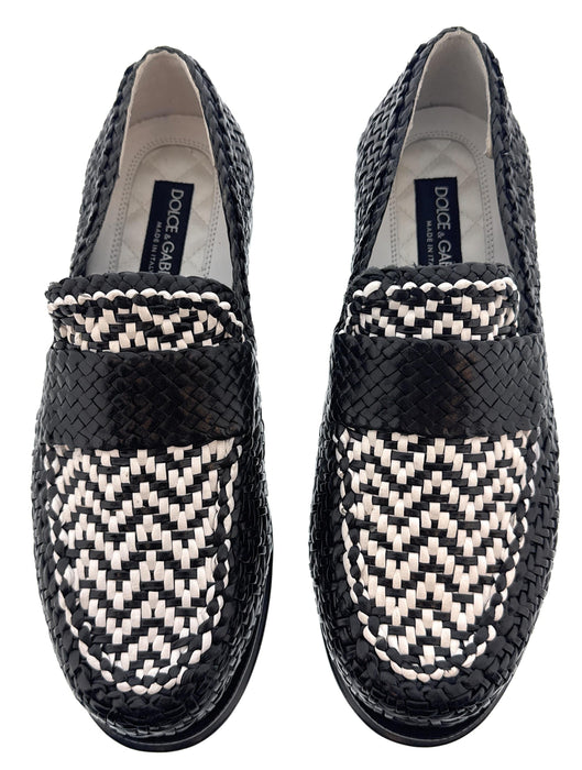 Dolce & Gabbana Men's Black & White Woven Raffia Loafers Slip-On Shoes-EU39