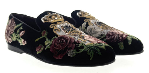 Dolce & Gabbana Men's Black Velvet Floral Embroidered Loafers Slip-On Dress Shoes-EU40.5