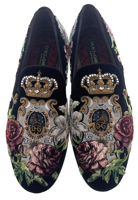 Dolce & Gabbana Men's Black Velvet Floral Embroidered Loafers Slip-On Dress Shoes-EU40.5