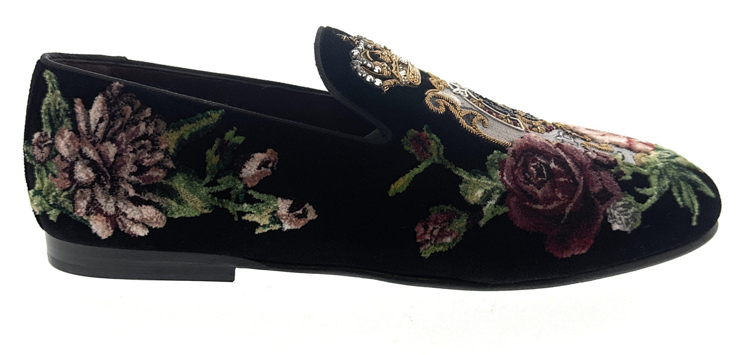 Dolce & Gabbana Men's Black Velvet Floral Embroidered Loafers Slip-On Dress Shoes-EU40.5
