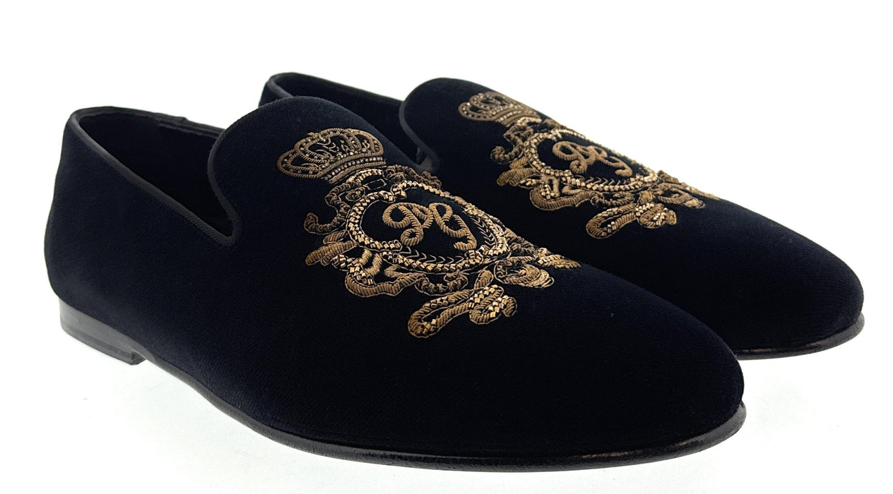 Dolce & Gabbana Men's Black Velvet Gold Embroidered Crest Loafers Slip-On Dress Shoes-EU40.5