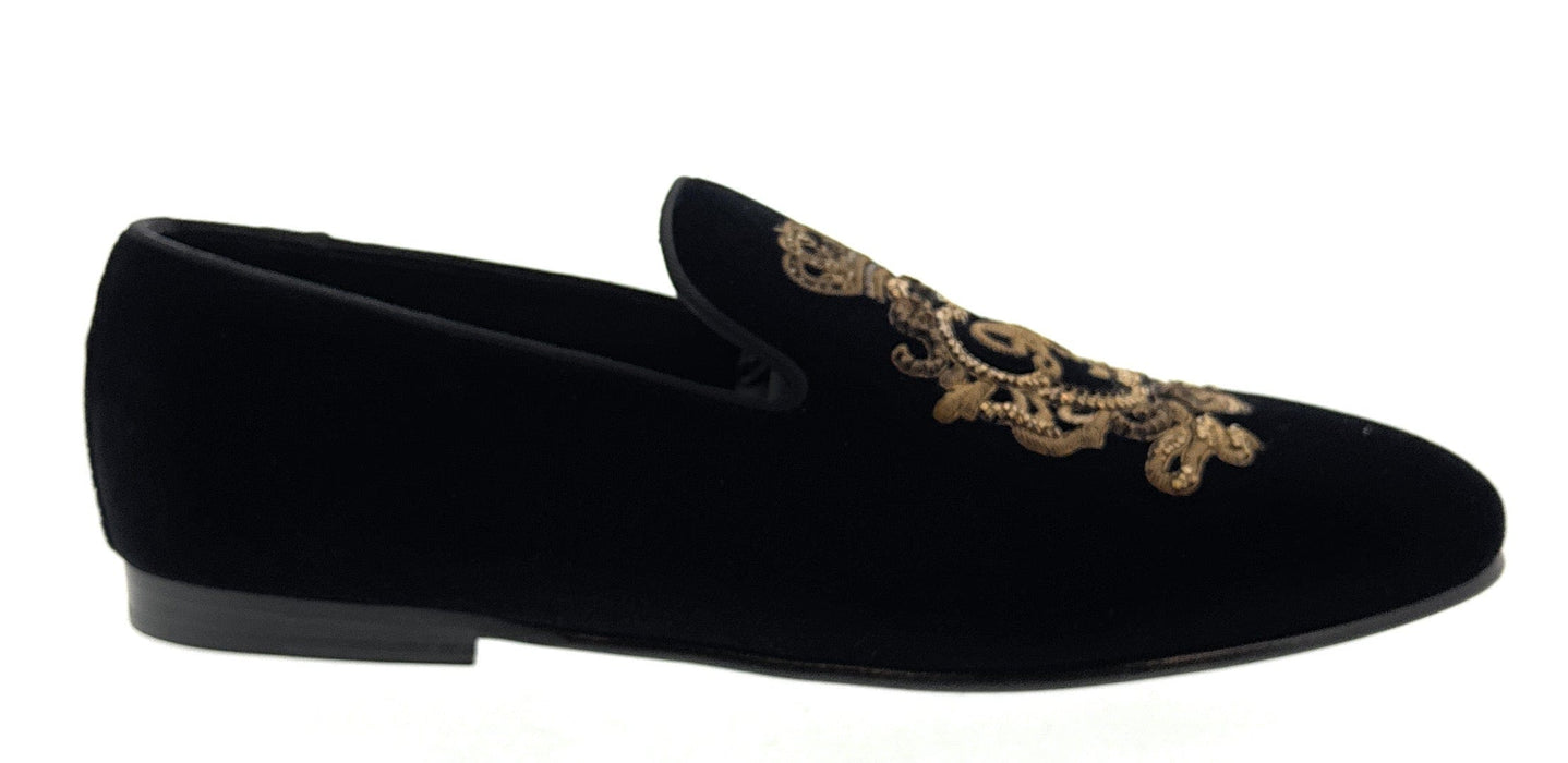 Dolce & Gabbana Men's Black Velvet Gold Embroidered Crest Loafers Slip-On Dress Shoes-EU40.5