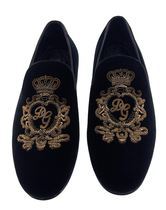 Dolce & Gabbana Men's Black Velvet Gold Embroidered Crest Loafers Slip-On Dress Shoes-EU40.5