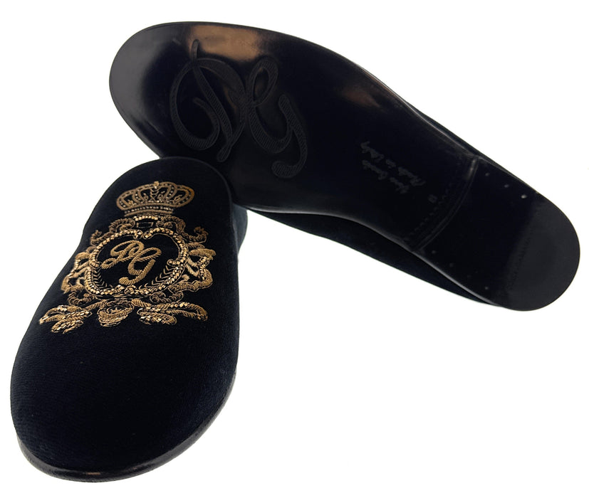 Dolce & Gabbana Men's Black Velvet Gold Embroidered Crest Loafers Slip-On Dress Shoes-EU40.5