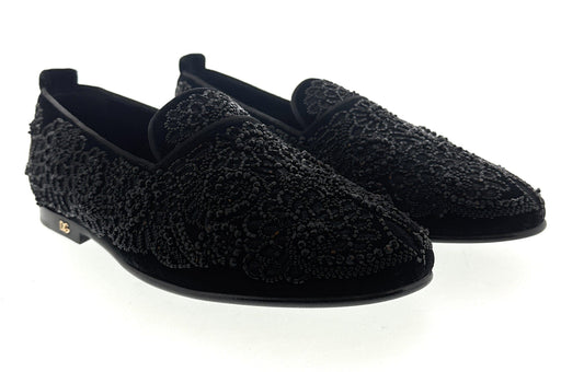 Dolce & Gabbana Men's Black Velvet Beaded Embroidered Loafers Elegant Slip-On Dress Shoes-EU39