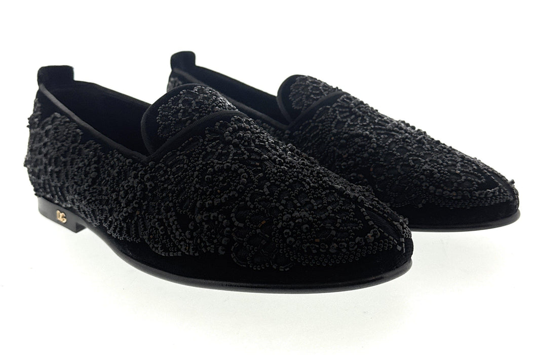 Dolce & Gabbana Men's Black Velvet Loafers with Beaded Lace Detailing
-EU40