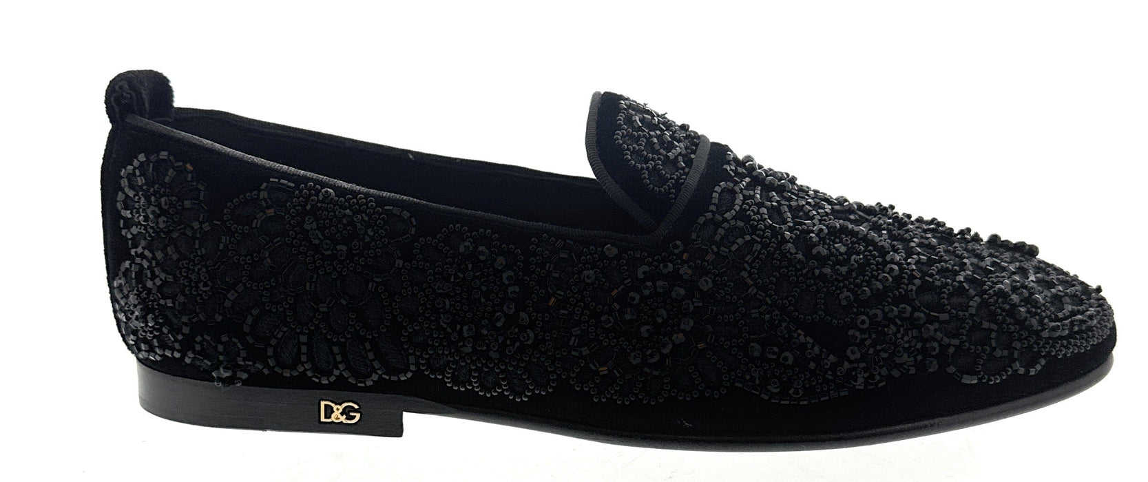 Dolce & Gabbana Men's Black Velvet Loafers with Beaded Lace Detailing
-EU40