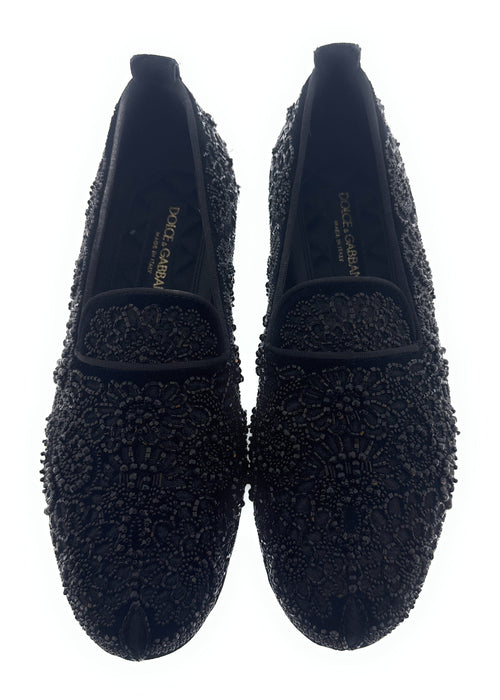 Dolce & Gabbana Men's Black Velvet Beaded Embroidered Loafers Elegant Slip-On Dress Shoes-EU39