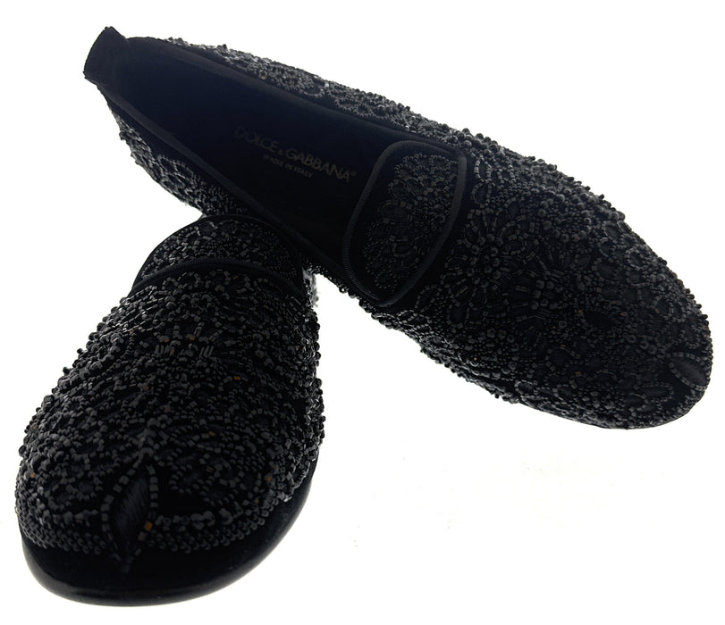 Dolce & Gabbana Men's Black Velvet Beaded Embroidered Loafers Elegant Slip-On Dress Shoes-EU39