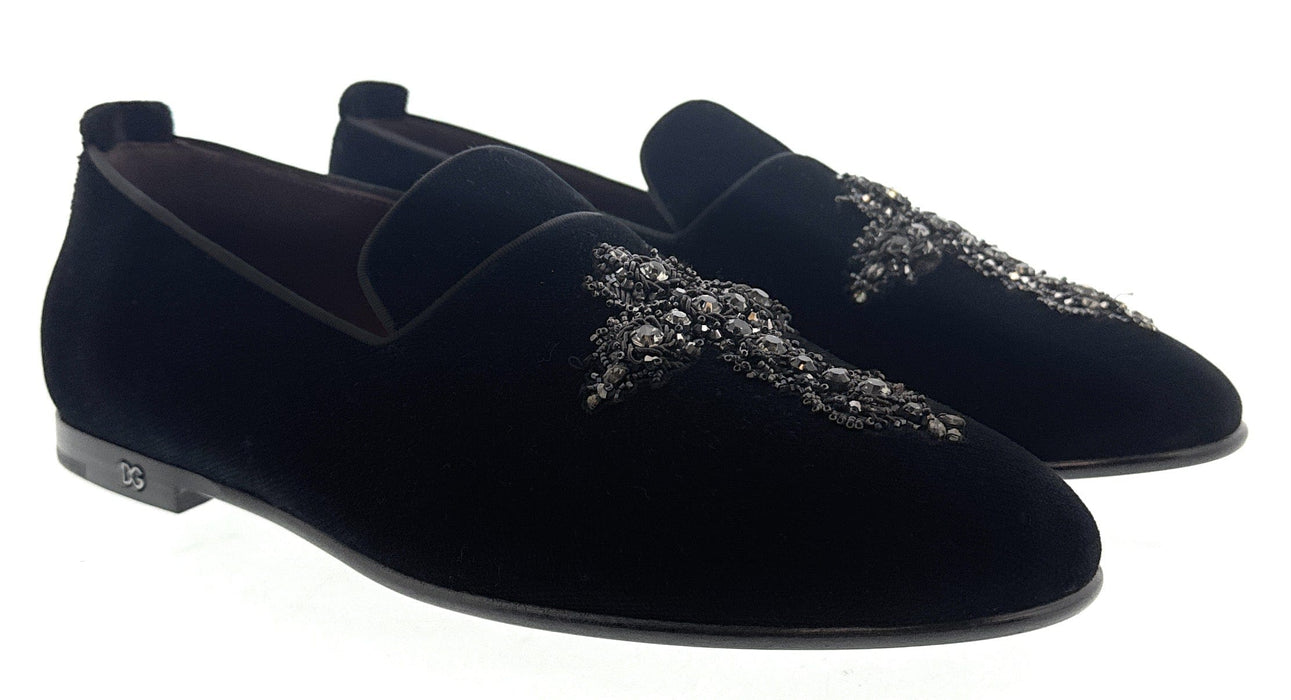 Dolce & Gabbana Men's Black Velvet Crystal Cross Loafers Slip-On Dress Shoes Made in Italy-EU39