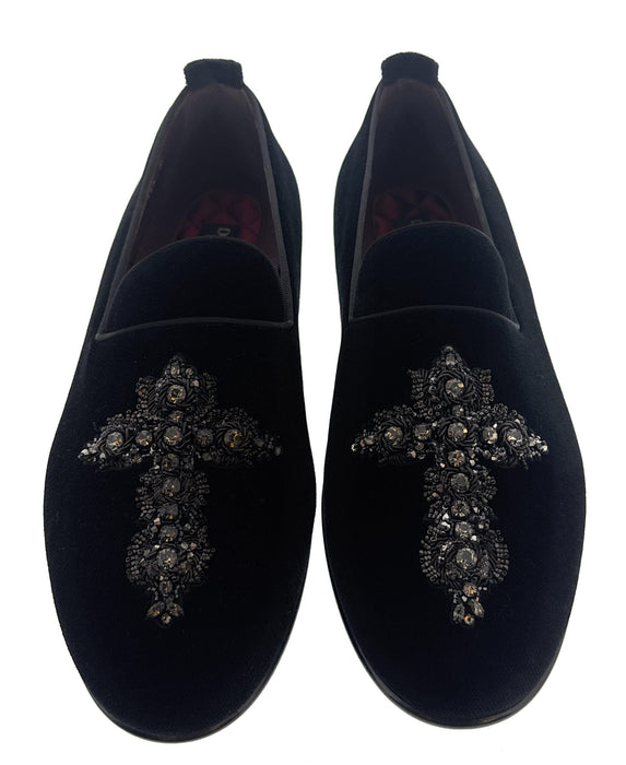 Dolce & Gabbana Men's Black Velvet Crystal Cross Loafers Slip-On Dress Shoes Made in Italy-EU39