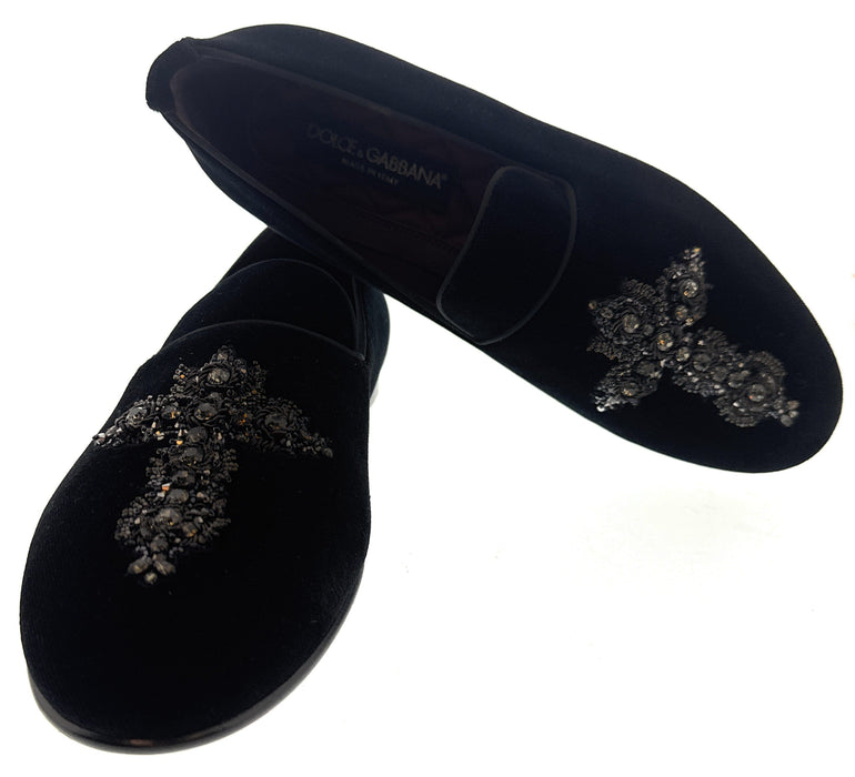 Dolce & Gabbana Men's Black Velvet Crystal Cross Loafers Slip-On Dress Shoes Made in Italy-EU39