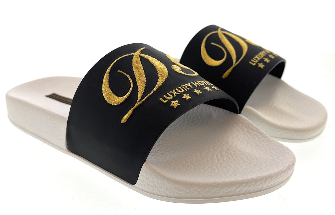 Dolce & Gabbana Men's Black & White Logo Slides Gold Embroidery Luxury Hotel Collection-EU39
