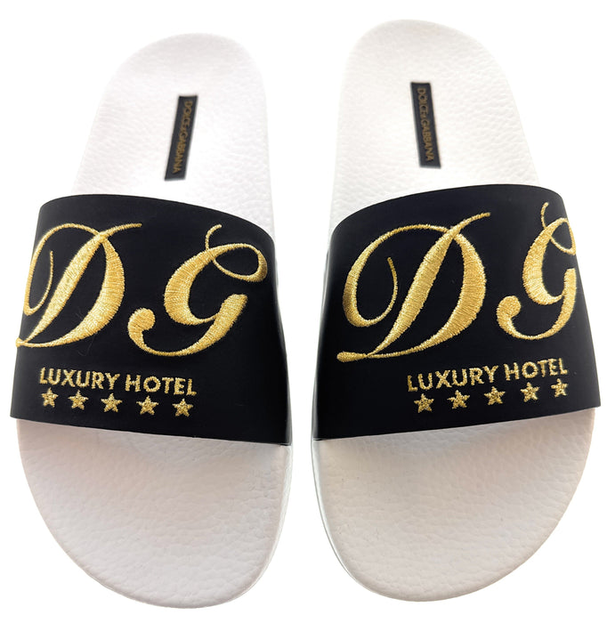 Dolce & Gabbana Men's Black & White Logo Slides Gold Embroidery Luxury Hotel Collection-EU39