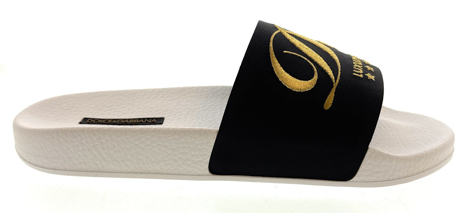 Dolce & Gabbana Men's Black & White Logo Slides Gold Embroidery Luxury Hotel Collection-EU39