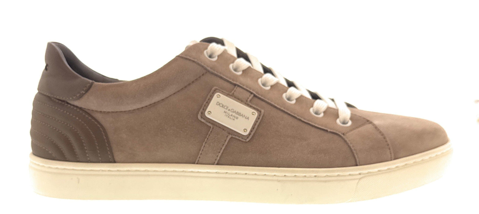 Dolce & Gabbana Men's Beige Suede Low-Top Sneakers with Logo Plaque-EU41