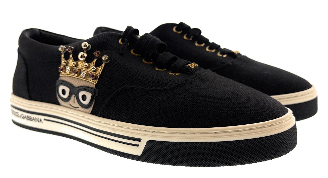 Dolce & Gabbana Men's Black Canvas Sneakers with Crown Cartoon Patch-EU39