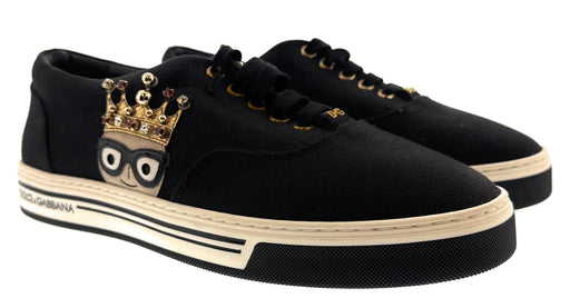 Dolce & Gabbana Men's Black Canvas Sneakers with Crown Cartoon Patch-EU39