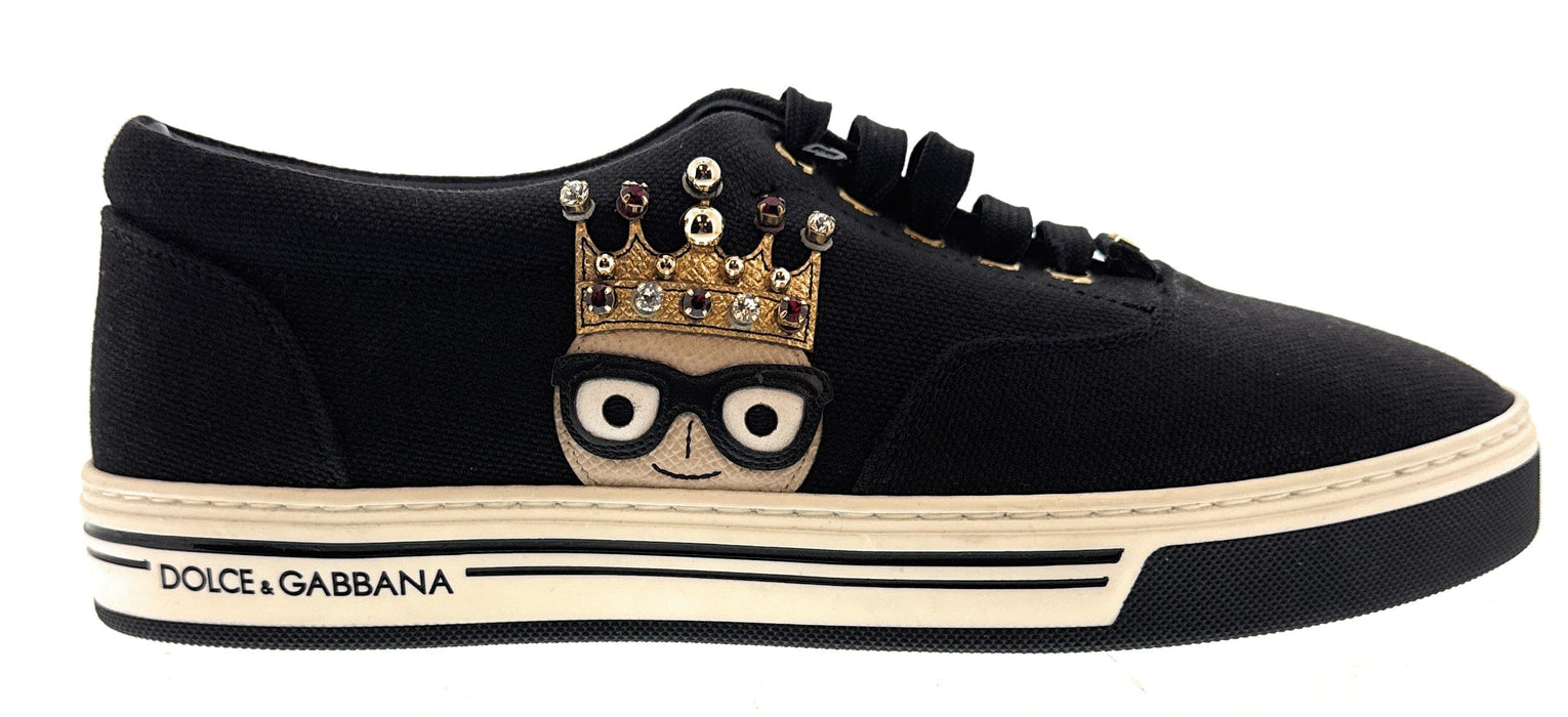Dolce & Gabbana Men's Black Canvas Sneakers with Crown Cartoon Patch-EU39