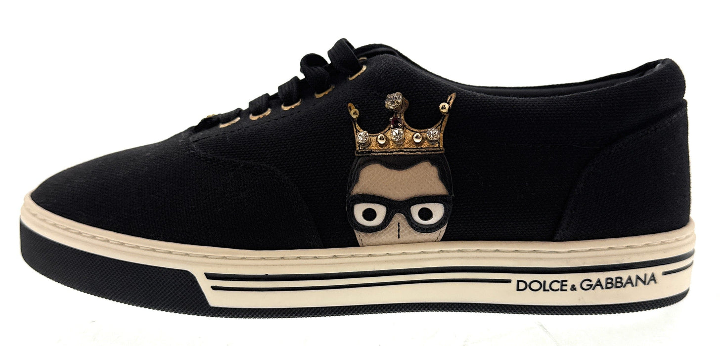 Dolce & Gabbana Men's Black Canvas Sneakers with Crown Cartoon Patch-EU39