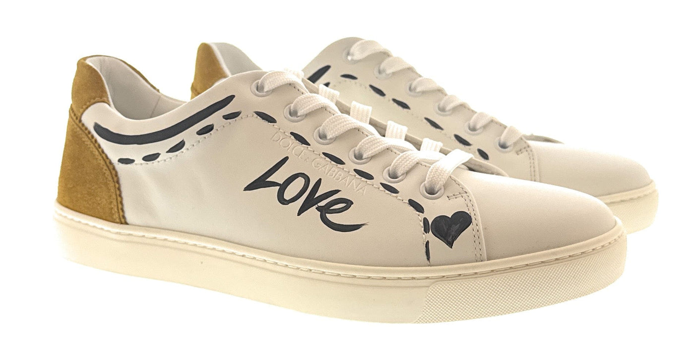 Dolce & Gabbana Men's White Leather Sneakers with "Love" Graffiti Design-EU39.5