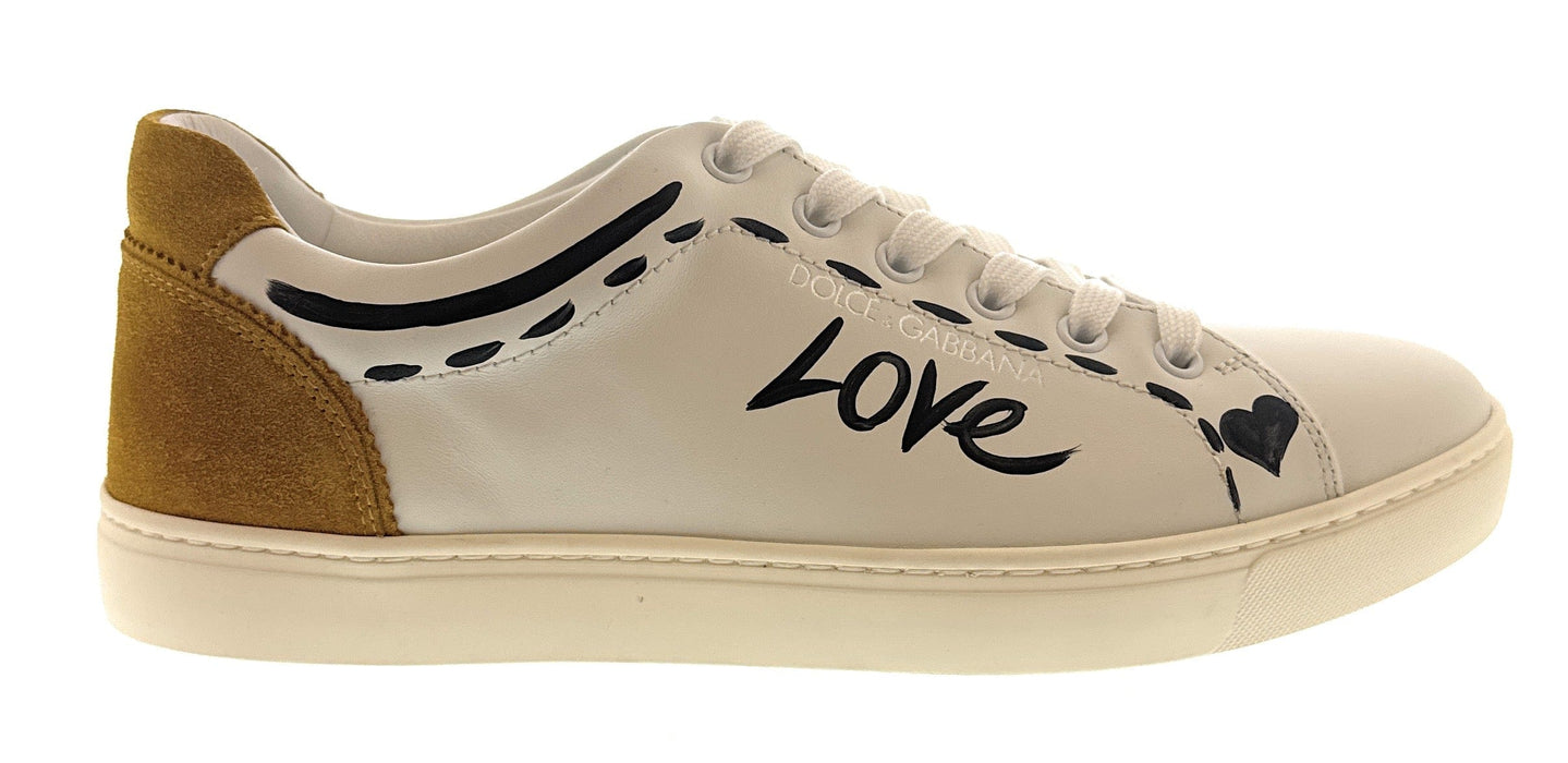 Dolce & Gabbana Men's White Leather Sneakers with "Love" Graffiti Design-EU39.5