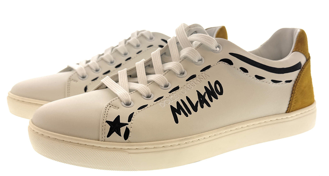 Dolce & Gabbana Men's White Leather Sneakers with "Love" Graffiti Design-EU39.5