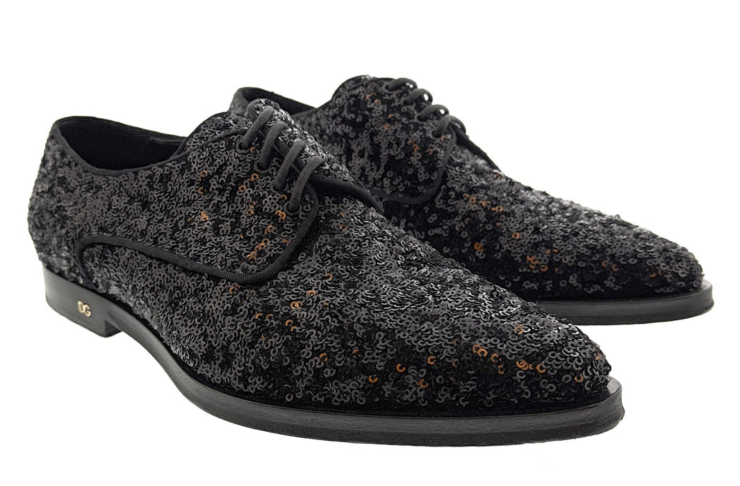 Dolce & Gabbana Black Sequin Embellished Mens Lace Up Dress Shoes-39