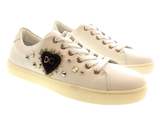 Dolce & Gabbana White Velvet Heart Patch Womens Lace Up Sneakers-36