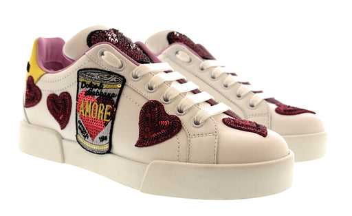 Dolce & Gabbana White Sequin Heart Embellished Sneakers-35