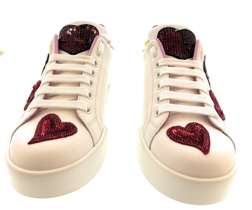 Dolce & Gabbana White Sequin Heart Embellished Sneakers-35
